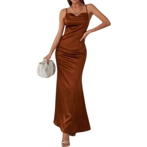 Black Fashion Women's Copper Satin Maxi Slit Dress Size M